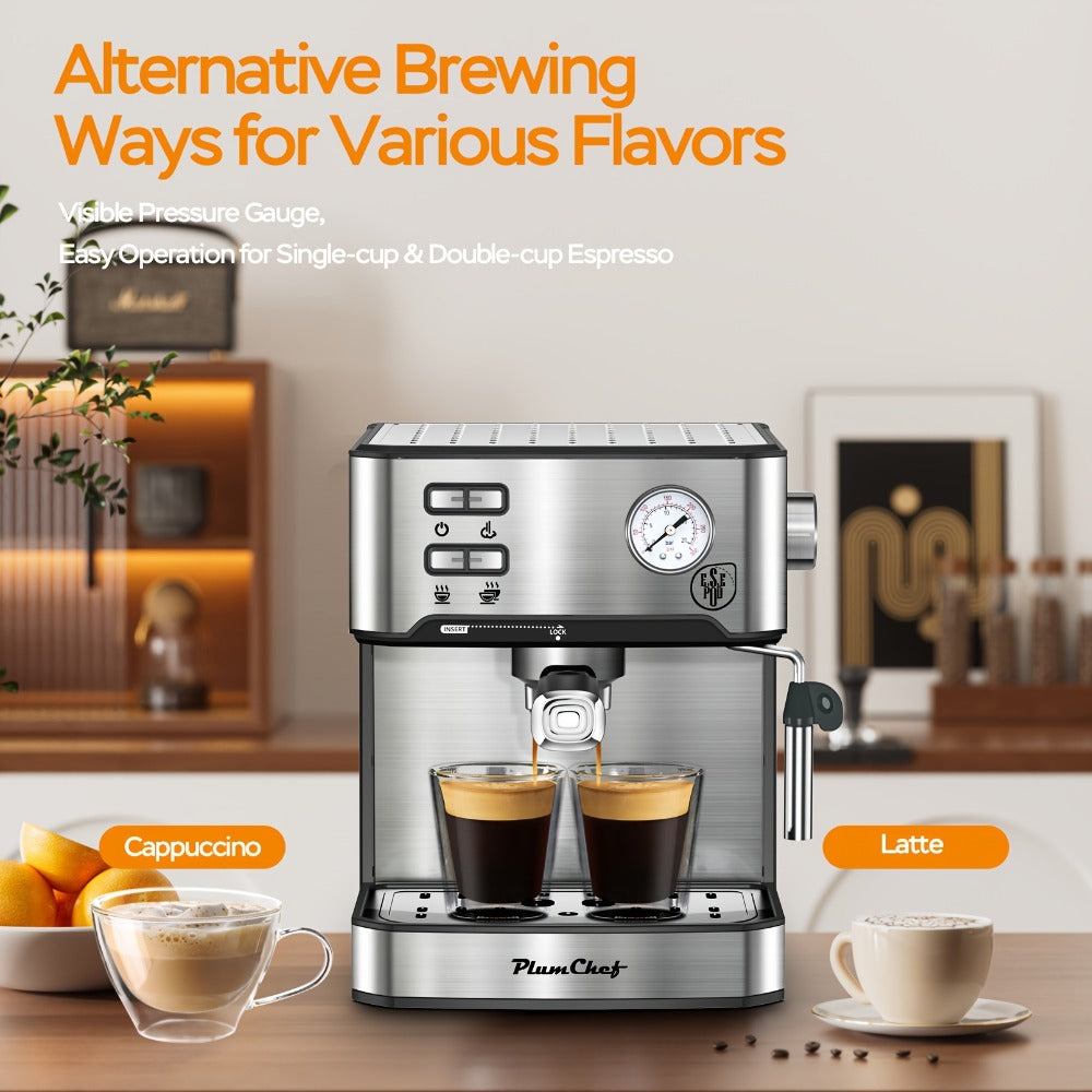 20 Bar Espresso Machine 950W – Stainless Steel Espresso & Cappuccino Latte Maker with Steam Wand Milk Frother, 49.03oz Water Tank, ESE Pod Filter, Home Barista Coffee Machine – Black, Pressure Gauge