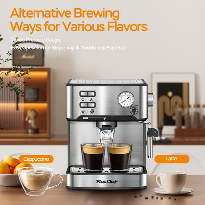 20 Bar Espresso Machine 950W – Stainless Steel Espresso & Cappuccino Latte Maker with Steam Wand Milk Frother, 49.03oz Water Tank, ESE Pod Filter, Home Barista Coffee Machine – Black, Pressure Gauge