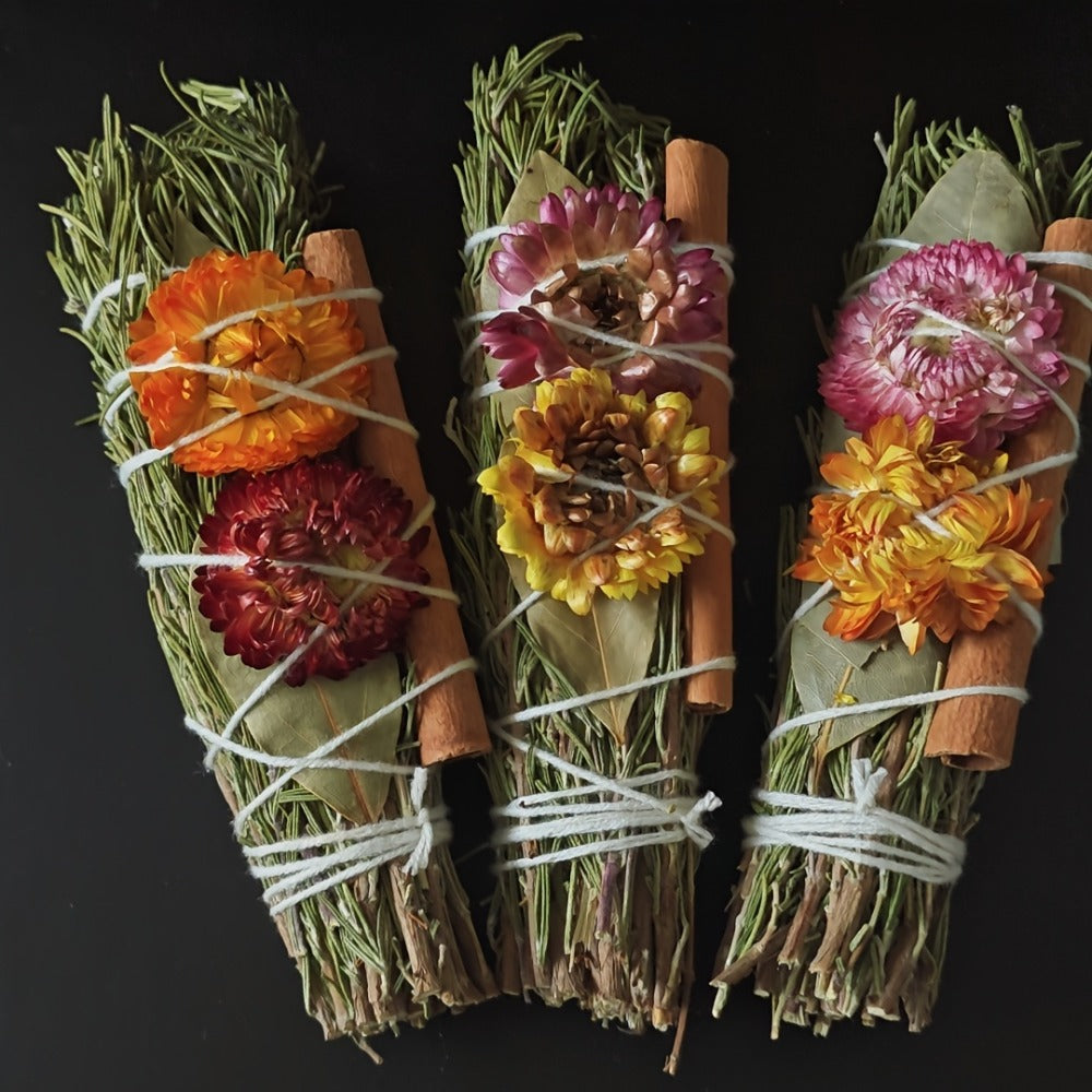Rosemary Cinnamon Dried Flower Bundles 5pcs – Handmade Aromatic Home Decor Sticks with Bay Leaves & Daisies, Festival Gift