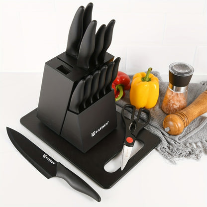 Kitchen Knife Set 15 Piece Professional Chef Knife Set with Wooden Block Non-Slip ABS Handle Cutting Board Kitchen Shears Black Coded Knives for Home Restaurant