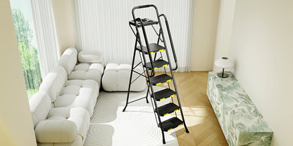 6 Step Ladder with Handrails & Tool Platform 800 LBS – Folding Step Stool Wide Pedal Steel Safety Ladder for Adults, Painting, Home, Garage & Outdoor Use – Auto Safety Lock, Compact Storage