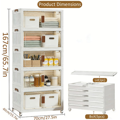 Stackable Foldable Storage Cabinet with Door – PP Plastic 1/2/3/4/5 Layer Organizer Box with Wheels & Cover | Dual-Access Home Storage for Clothes, Books, Snacks & Kitchen Supplies | Office & Garage