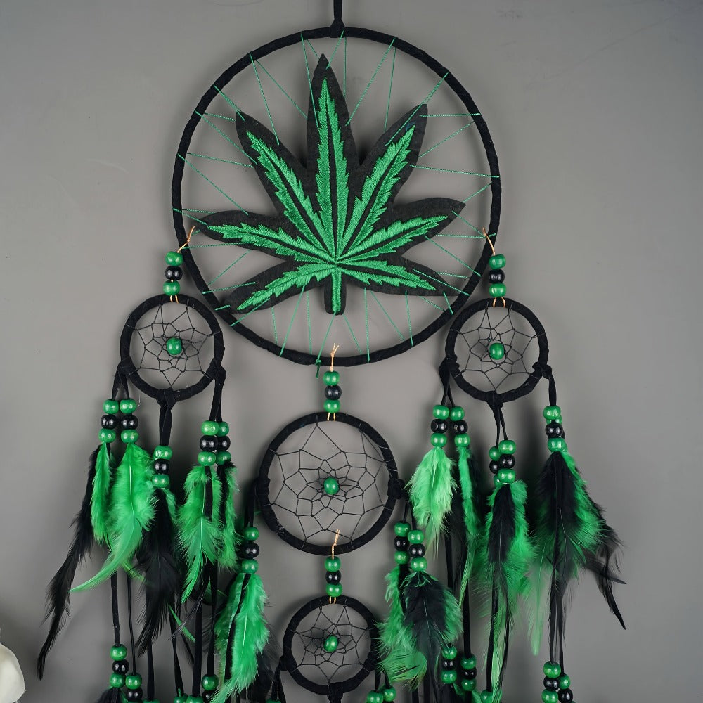 Bohemian Dream Catcher with Feathers & Leaf Embroidery – Boho Wall Hanging Decor for Bedroom, Bedside, Cabin & Living Room – Handcrafted Woven Dreamcatcher Gift for Women and Men