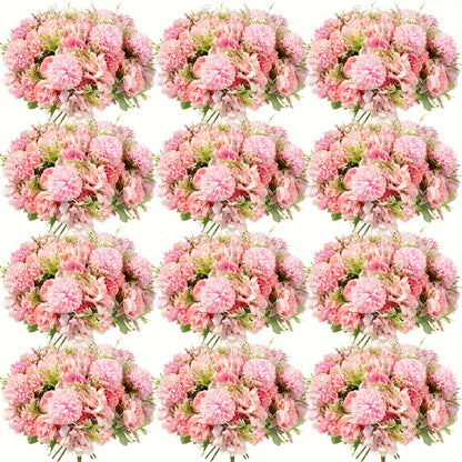 Artificial Peony Flowers 12 Bundles - Faux Peony & Hydrangea Bouquet for Wedding Centerpiece, Table Floral Arrangement, Vase Decor, Home & Holiday Decoration (Blue White, Pink, Purple, White, Green)