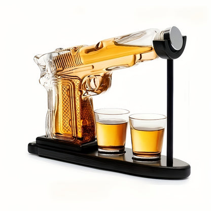 Whiskey Gun Decanter Set 10oz with 2 Bullet Shot Glasses & Wooden Stand, Handgun Shaped Liquor Decanter for Home Bar, Unique Novelty Gift for Men, Dad, Birthday & Valentine's Day