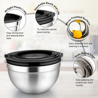 Stainless Steel Mixing Bowls with Airtight Lids Set of 14 Seven Nesting Bowls 0.7 to 4.5QT for Mixing Serving Salad Food Prep Kitchen Storage