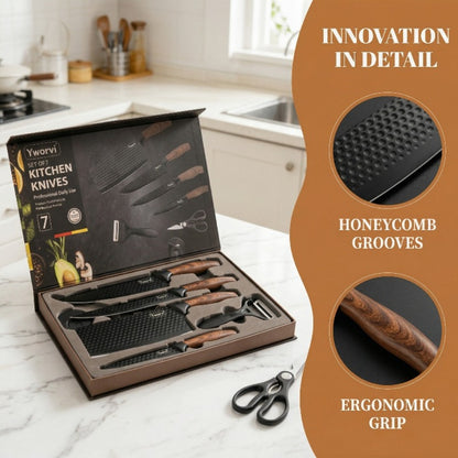 Chef Knife Set 7 Piece High Carbon Stainless Steel Ultra Sharp – Anti-Stick Ergonomic PP Handle, Includes Slicing Knife, Scraper, Scissors & Whetstone, Gift Box for Home, Family & Travel