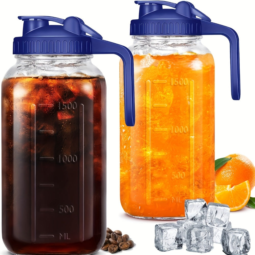 64oz Mason Jar with Handle and Lid 2/3 Pack – BPA-Free Borosilicate Glass Beverage Carafe, Leak-Proof Drinking Jar for Juice, Water, Iced Tea