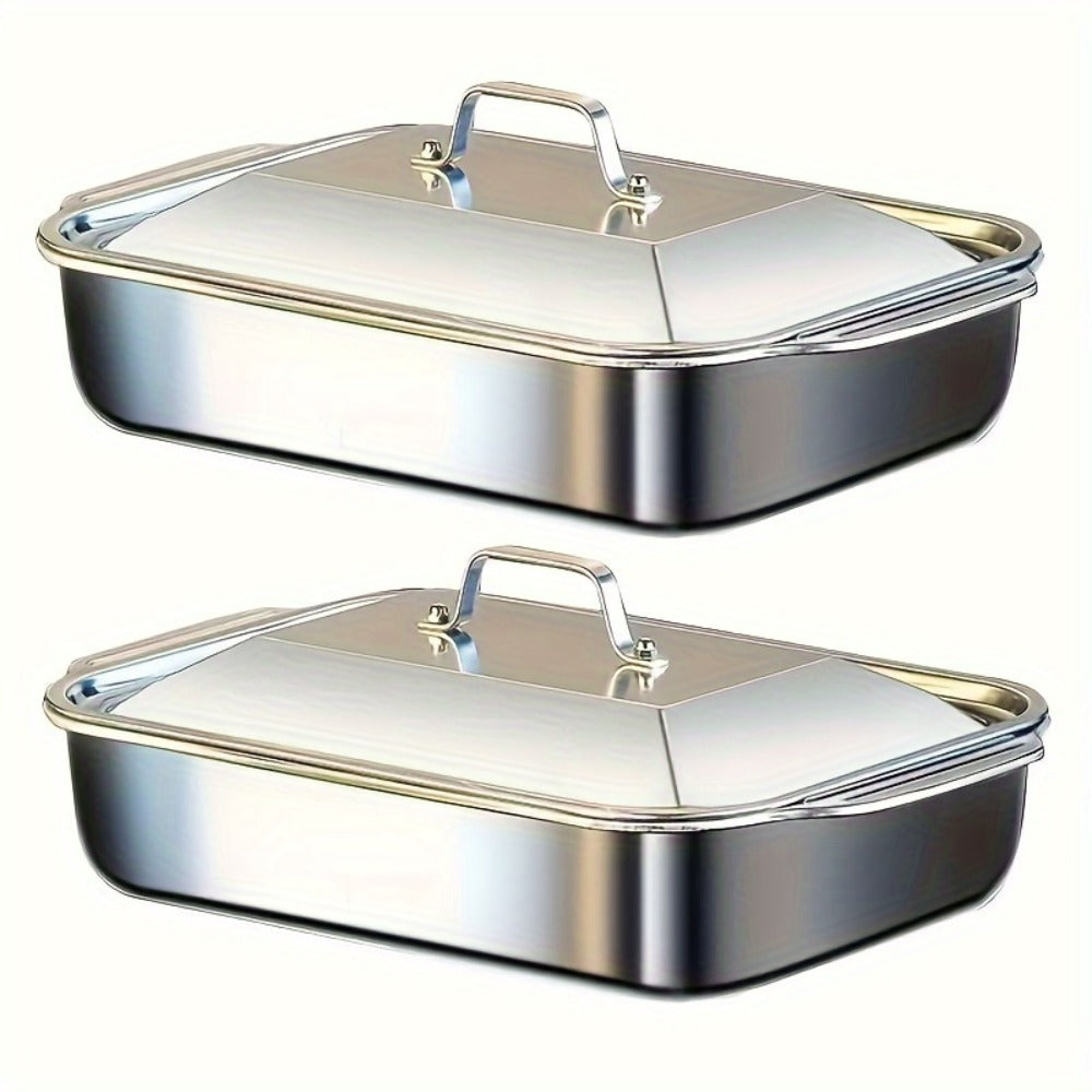 Stainless Steel Baking Trays with Lids – Large Capacity Sheet Pan Set for BBQ, Bread, Desserts, Seafood & Buffets | Family Gatherings, Outdoor Camping, Portable Food Trays