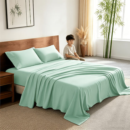 Bamboo Cooling Sheet Set 4pcs – Deep Pocket Fitted Sheet Flat Sheet Pillowcases for Hot Sleepers Twin Full Queen King