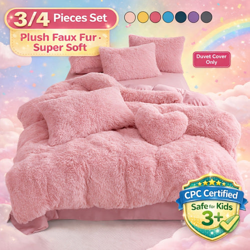 Faux Fur Duvet Cover Set Twin Queen King Super Soft Plush Comforter Cover with Pillowcases Heart Pillow for Kids Teens Machine Washable Bedroom Decor