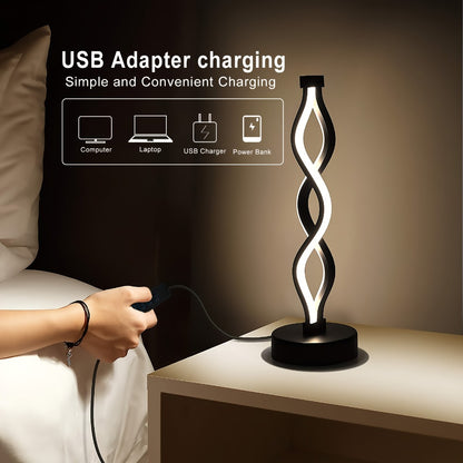 Spiral LED Table Lamp – Modern Minimalist Wave Dimmable Desk Lamp, 3 Color Temperatures, USB Charging, Metallic Base, Creative Curved Night Light for Bedroom Living Room Office Study (1pc / 2pc / Wooden)