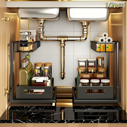 2-Tier Pull-Out Cabinet Organizer Metal Sliding Drawer, Kitchen Sink Storage Container for Bathroom Tabletop Study, Push-Pull Stackable Organizer for Kitchen Bathroom Cabinet