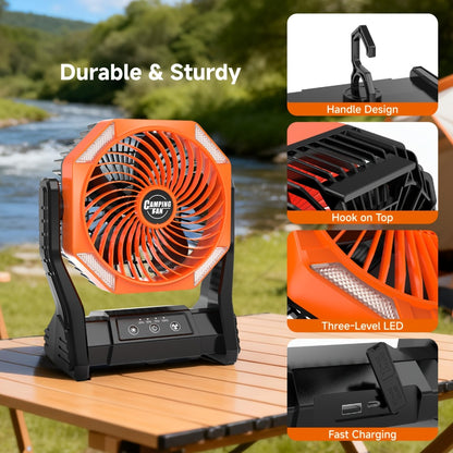 Camping Fan 20000mAh with LED Light and Brushless Motor, 4-Speed 180° Oscillating Portable Outdoor Fan, 22-26H Long Runtime Anti-Slip Base, 3-in-1 Table Fan for Camping, Hiking, Picnic and Emergency