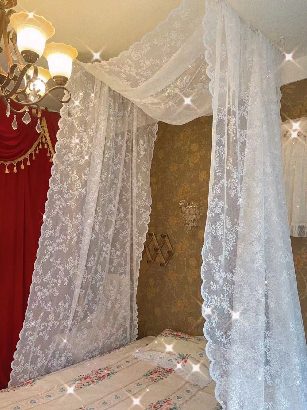 Lace Bed Canopy Mosquito Net – Bohemian Romantic Sheer Bed Curtain for Bedroom, Hotel & Morocco Style Decor | Elegant White Princess Bed Drape for Twin, Full, Queen & King | 57x236 Inch