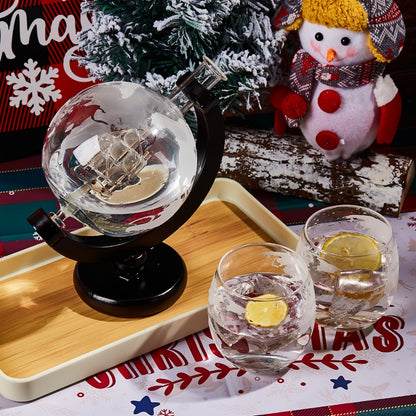 Whiskey Decanter Set with Glasses and Wooden Stand Ball Globe 28oz or Sailboat 44oz Etched Crystal Glass Cups for Whiskey Bourbon Scotch Birthday Wedding Anniversary Gift