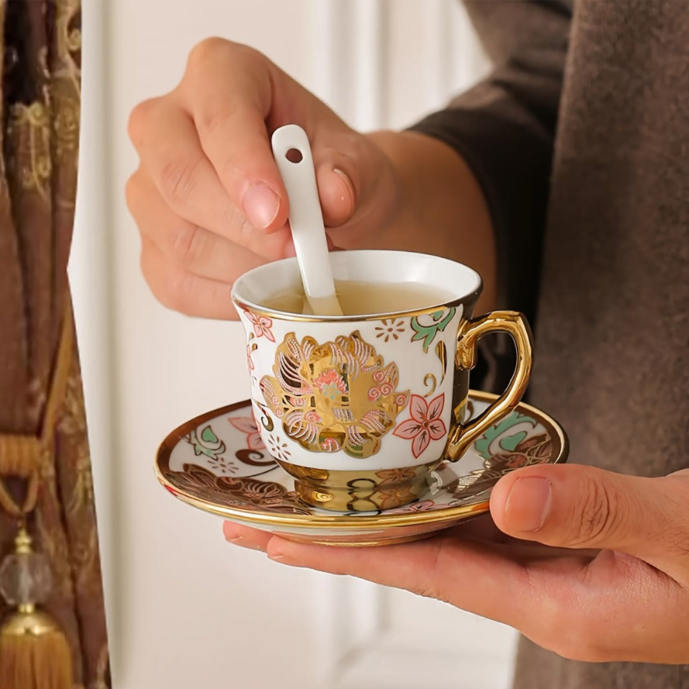 20-Piece Floral Ceramic Tea Set with Saucers & Metal Stand | European Afternoon Tea Service, Blooming Design, Complete Tea Accessories, Gift for Tea Lovers