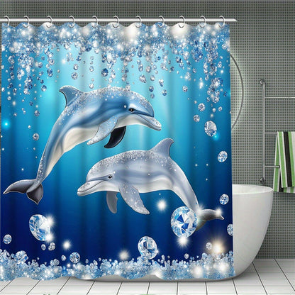4pcs Dolphin Shower Curtain Set with Non-Slip Bath Mat, Toilet Rug & 12 Hooks – Waterproof Bathroom Decor Gift Set