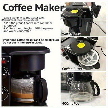3-in-1 Breakfast Station Maker - Coffee Maker + Toaster + Frying Pan Combo, One-Touch Timing Fast Cooking, All-in-One Breakfast Machine 110V US Plug for Home Kitchen Apartment Dorm
