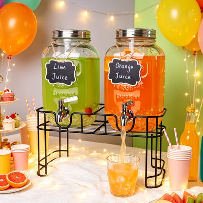 Glass Drink Dispenser with Fruit Infuser, Ice Cylinder & Stainless Steel Spigot – 1 Gallon Beverage Dispenser with Stand for Parties, Weddings, BBQ & Lemonade