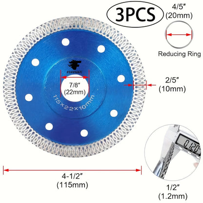 Diamond Saw Blade 4-1/2 Inch 3-Pack X-Teeth Ultra Thin Dry Wet Cut for Porcelain Ceramic Tile Brick Granite Concrete 13000 RPM 7/8 Arbor with 5/8 Adapter DIY Home Use