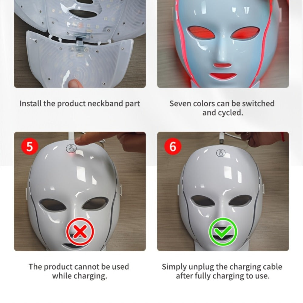 LED Light Therapy Facial Mask 7-Color USB Rechargeable – Face Neck Anti-Aging Acne Rejuvenation Skincare Device, Beauty Instrument Gift for Women, Valentine's Day Mother's Day Birthday
