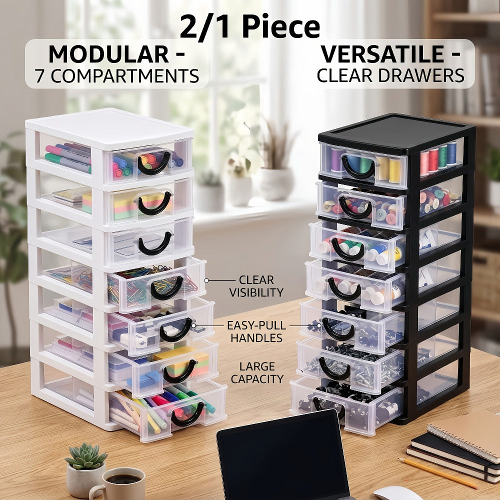 7-Drawer Desktop Organizer Clear Front Drawers Heavy-Duty Plastic Storage Box for Home Office, Jewelry, Craft & Small Parts – Space-Saving Compact Design