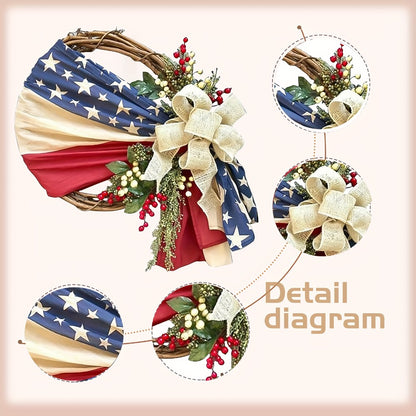 Patriotic 4th of July Door Wreath – Red White & Blue American Flag Wreath with Burlap Bow for Independence Day, Memorial Day & Patriotic Home, Porch & Office Decor