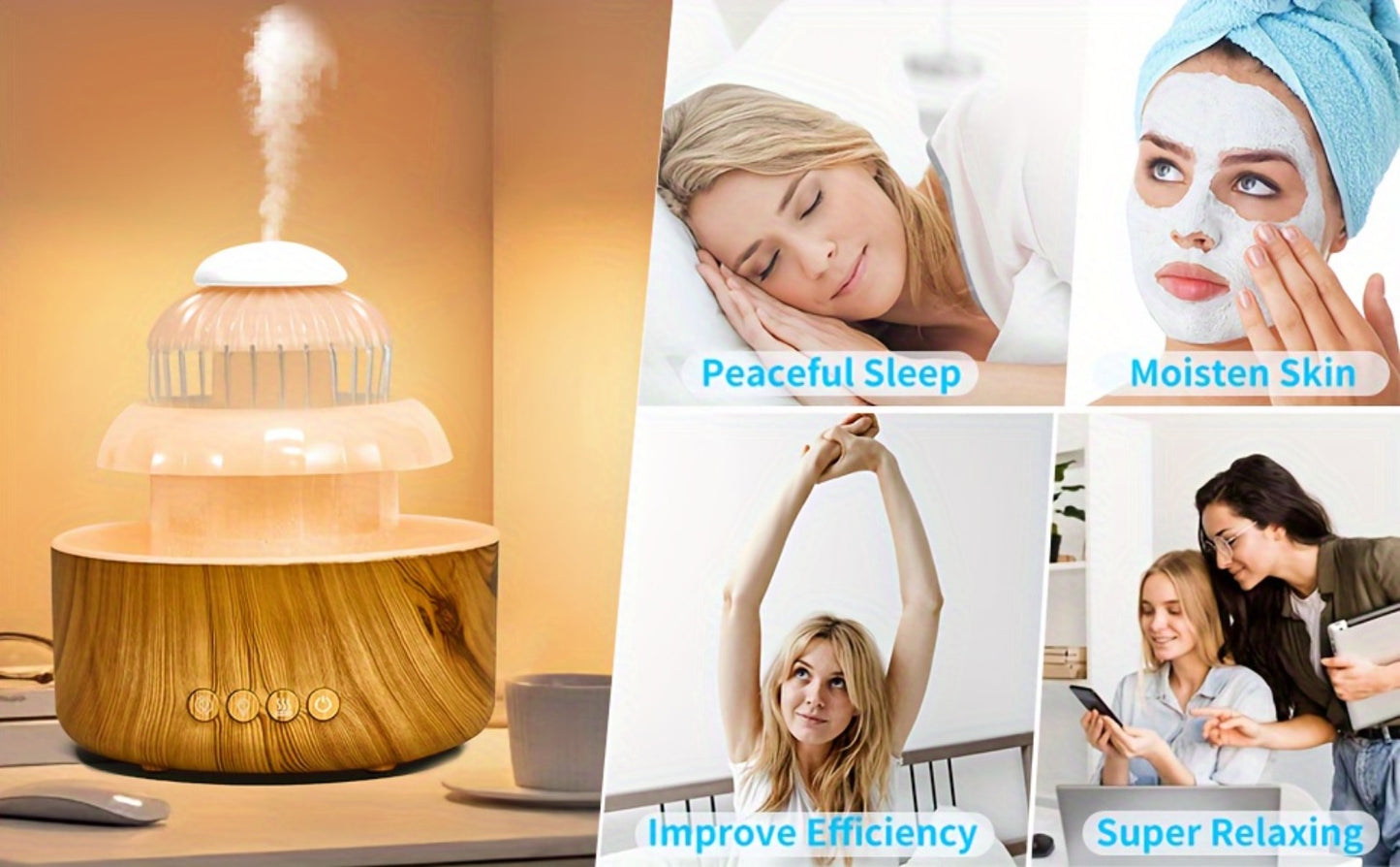 Cool Mist Humidifier with Raining Sound & 8-Color Night Light – 10-Hour Runtime, Essential Oil Diffuser, Air Humidifier for Bedroom, Home & Office, White Noise Sleep Aid, Ambient Mood Light, White