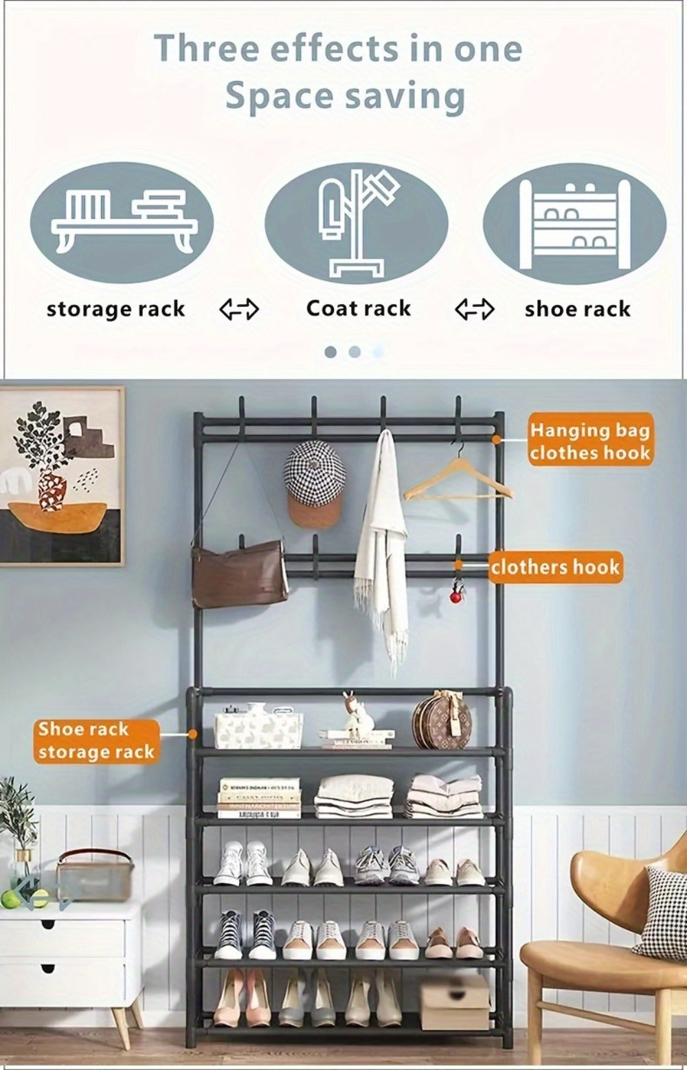 Shoe Rack Organizer with 8 Double Hooks & Multi-Layer Storage Shelves – Floor Standing Coat Hat Holder for Entryway Bedroom Living Room
