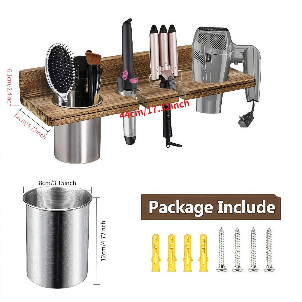 Wall Mounted Hair Tool Organizer – Wooden Hair Dryer Holder & Storage Rack for Curling Iron, Straightener & Brushes, Rustic Bathroom Salon Shelf (Brown & Black)