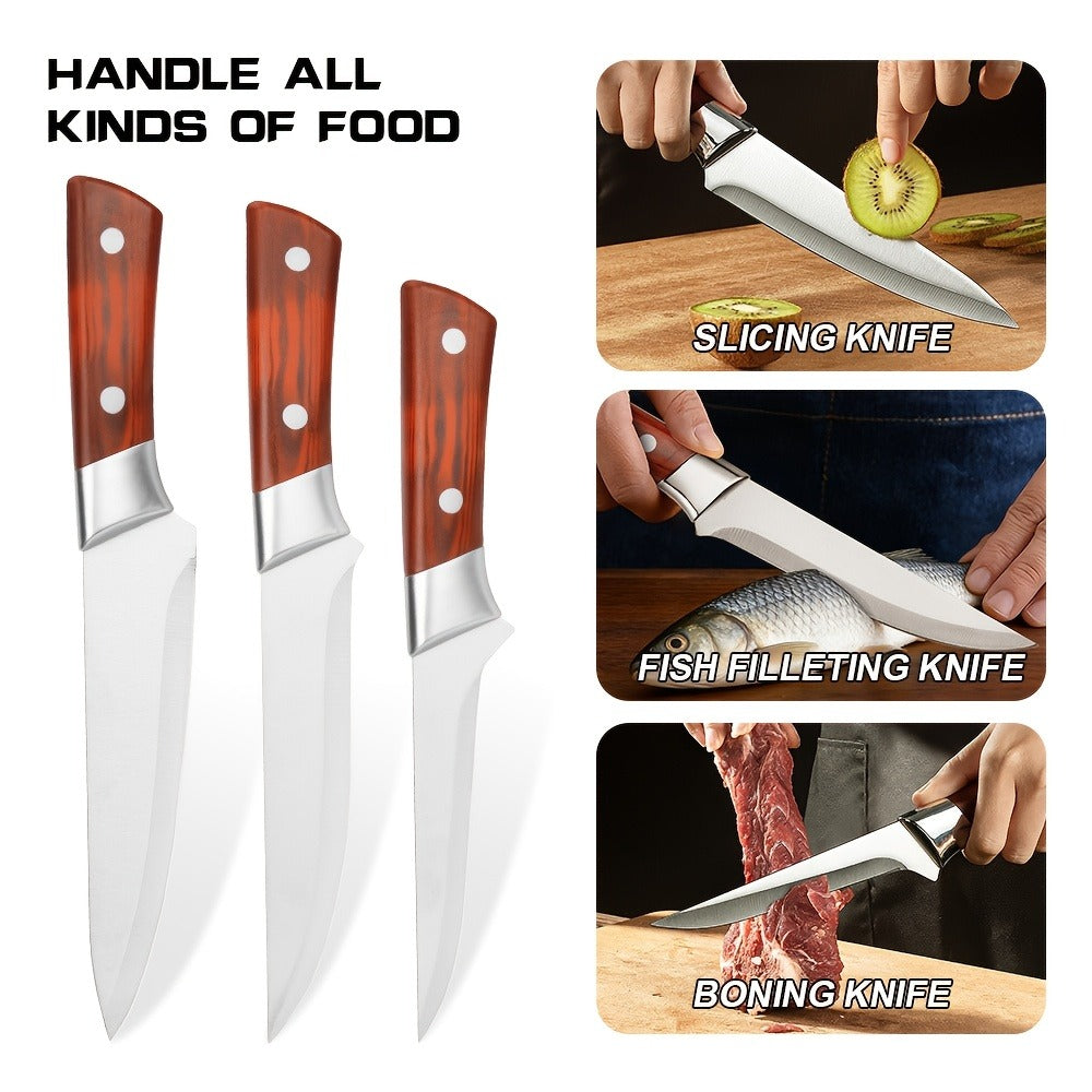 Kitchen Knife Set 3-Piece Hand Forged Stainless Steel Chef Knives with Boning Fillet & Carving Blades – Professional Butcher Set for Meat Cutting BBQ Father's Day Gift