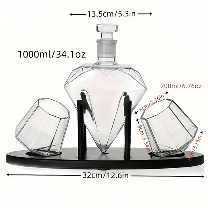 Whiskey Decanter Set with 2 Diamond Glasses & Wooden Rack | Brick Stone Design – Bourbon Rum Vodka Tequila Gift Set for Men Home Bar