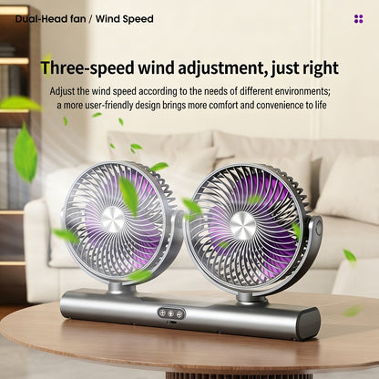 Double Head Air Circulation Fan USB Rechargeable | Desktop & Wall-Mounted 3-Speed Dual-Head Fan with Atmosphere Night Light, Multi-Angle Airflow for Camping, Home & Office – Grey & White