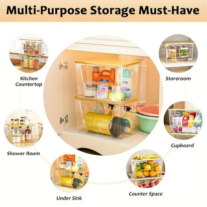 Clear Stackable Kitchen Pantry Organizer 2 Pack with Bamboo Top Durable PET Storage Bins for Onions Potatoes Fruits Vegetables Space Saving Ventilated Produce Organizer