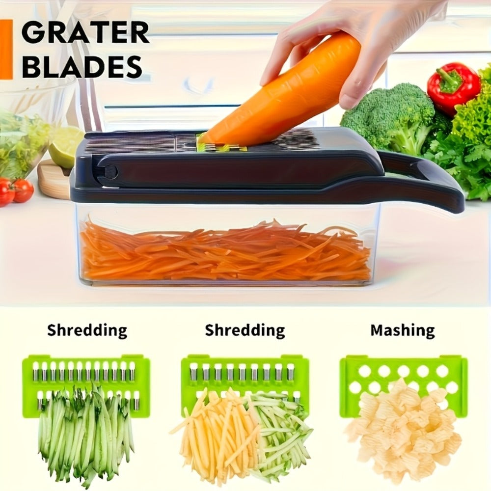14-in-1 Vegetable Chopper & Food Dicer | Stainless Steel Blades, Large Capacity Collector, Egg Separator, Easy Clean – Manual Kitchen Slicer Grater