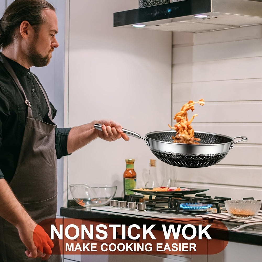 Stainless Steel Wok Set 13.3 Inch Non-stick Honeycomb Design with Lid & 2 Cookware Accessories – Induction Compatible Cooking Pan for Electric Ceramic Gas Stove, Dishwasher Safe