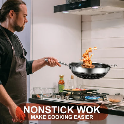 Stainless Steel Wok Set 13.3 Inch Non-stick Honeycomb Design with Lid & 2 Cookware Accessories – Induction Compatible Cooking Pan for Electric Ceramic Gas Stove, Dishwasher Safe