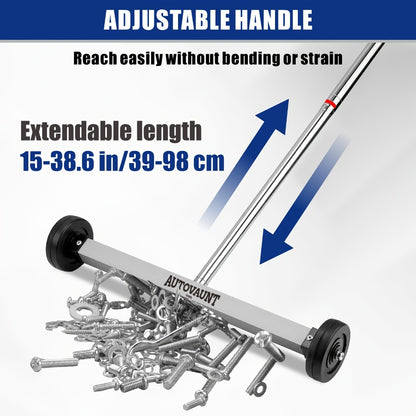 Rolling Magnetic Sweeper 17-Inch with Wheels – Heavy Duty 8.8lb Capacity Telescoping Adjustable Handle 15–38 Inch Picks Up Screws Nails Nuts for Garage Workshop Construction
