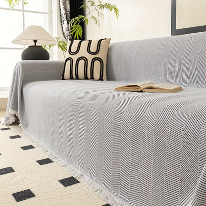 Herringbone Sofa Throw Cover with Tassels Jacquard Woven Solid Color Washable Polyester Sofa Blanket Slipcover for 3 4 Seater Couch Living Room - Grey Coffee Green Blue