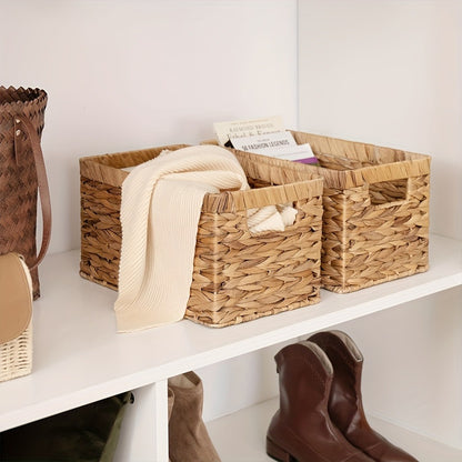 Wicker Storage Basket with Built-in Handle, Natural Rattan Boho Stackable Shelf Organizer Bin for Bathroom Bedroom Living Room Kitchen Closet Home Decor