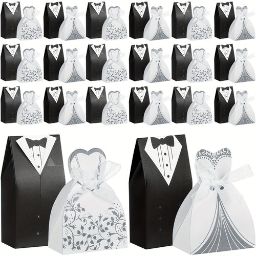 100 Pcs Wedding Party Favor Boxes Dress & Tuxedo Candy Gift Boxes with Ribbon – Vintage Bridal Shower Birthday Treat Bags Bulk Decoration