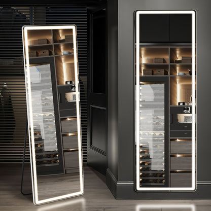 Full Length Mirror Floor Standing with LED Light - Arched & Rect Aluminum Frame Dressing Mirror for Bedroom Living Room, Black/Golden/White