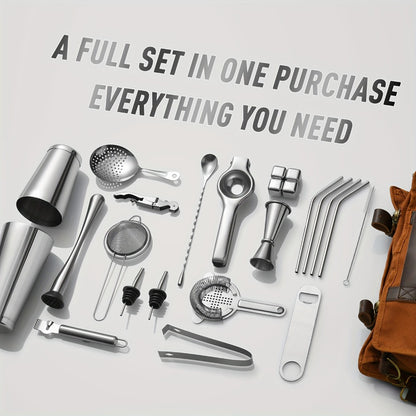 25 Piece Bartender Travel Set Cocktail Kit with Portable Bag | Stainless Steel Mobile Bar Set for Home, Parties & Camping