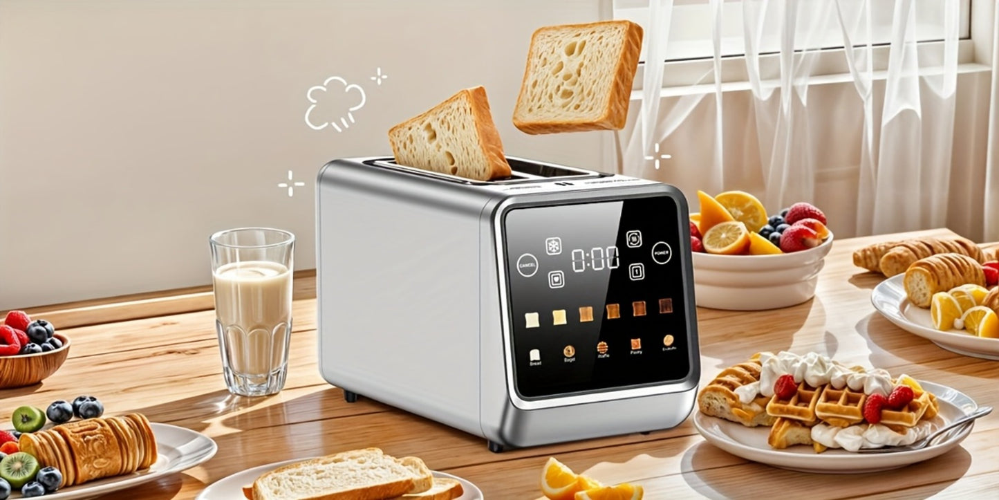 Smart Digital Toaster 2 Slice Touch Screen – Stainless Steel with Memory Function, 5 Bread Types, 6 Shade Settings, 1.5-Inch Wide Slot, 900W Fast Toasting for Home Kitchen