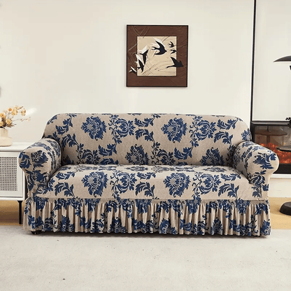 Stretch Sofa Cover Slipcover High-Stretch Fabric Ruffle Skirt Non-Slip Rod All-Season Snug Fit for 1 2 3 4 Seater Couch — Dark Blue with Pillow Cover