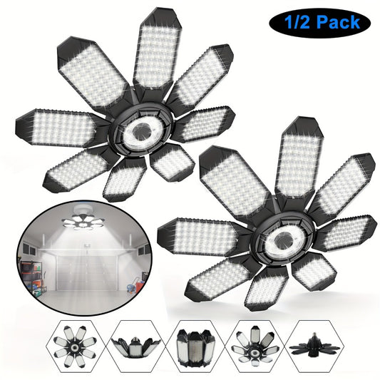 LED Garage Lights 25000LM Deformable – 250W Equivalent E26/E27 Screw-In Ceiling Shop Light with 6+1 / 8+1 Adjustable Panels for Garage, Basement, Attic & Warehouse (1, 2 or 4-Pack)