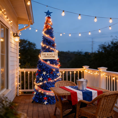 4th of July Decorative Tree 5ft LED Light, Foldable Patriotic Stars & Stripes Blue Christmas Tree with Red White Blue LED String Lights, Independence Day Party Decoration & Summer Gift