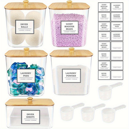 Laundry Pods Container & Dryer Sheet Holder Set with Bamboo Lids, Clear Laundry Room Organization Containers for Scent Booster, Powder, Pods – 3+1 Pack