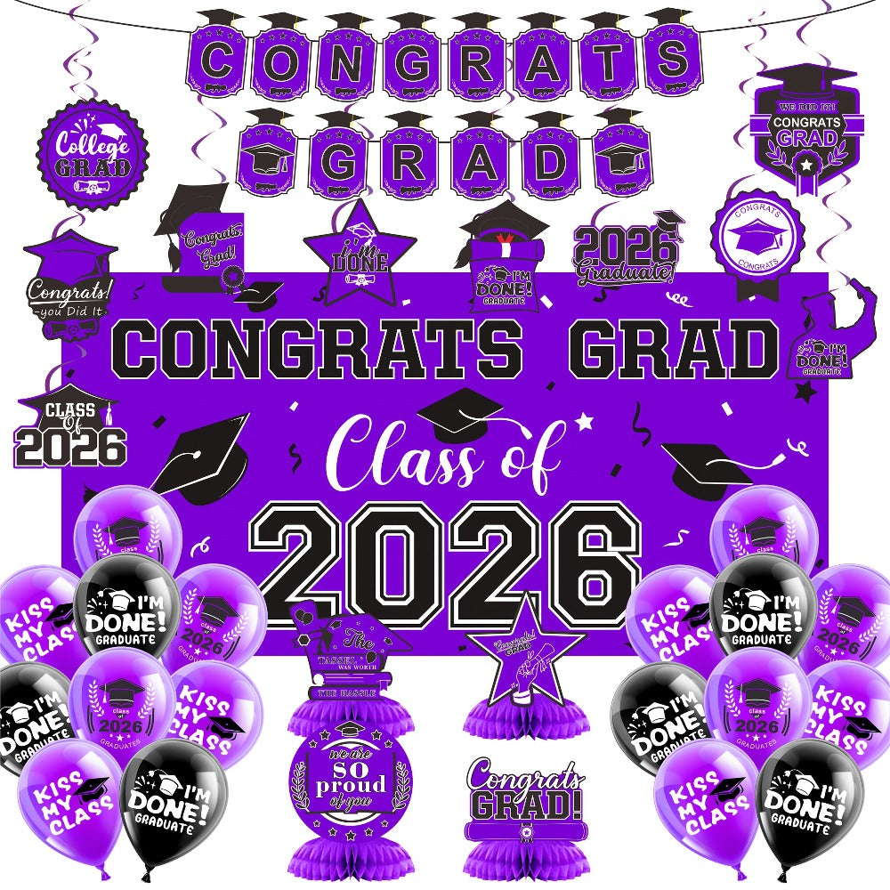 2026 Graduation Decorations Set – Congrats Grad Banner, Backdrop, Hanging Swirls & Honeycomb Table Toppers, Class of 2026 Party Supplies Kit